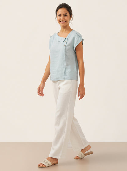 100% Linen Crescent Collar Flutter Sleeve Top FARA