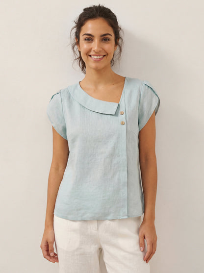 100% Linen Crescent Collar Flutter Sleeve Top FARA