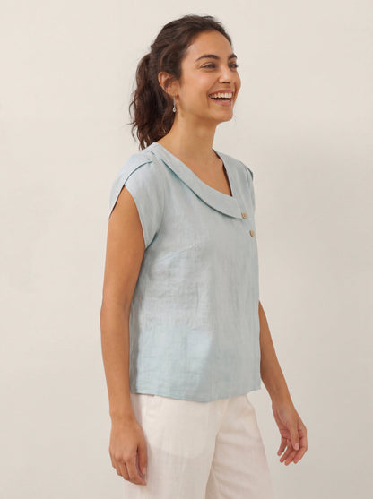 100% Linen Crescent Collar Flutter Sleeve Top FARA