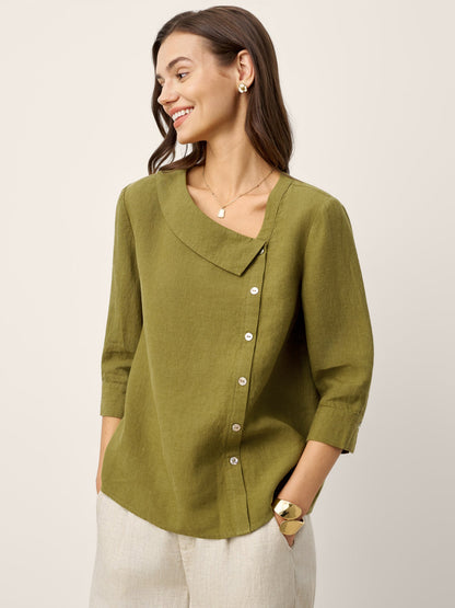 100% Linen Crescent Neck Button Detail 3/4 Sleeve Top ADALYN