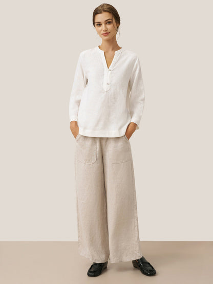 100% Linen Deep V-Neck Pullover with Button-Trim JOLYNE
