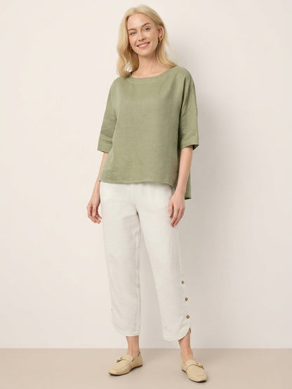 100% Linen Drop Shoulder Shirred Back High-Low Hem Top LINDSEY