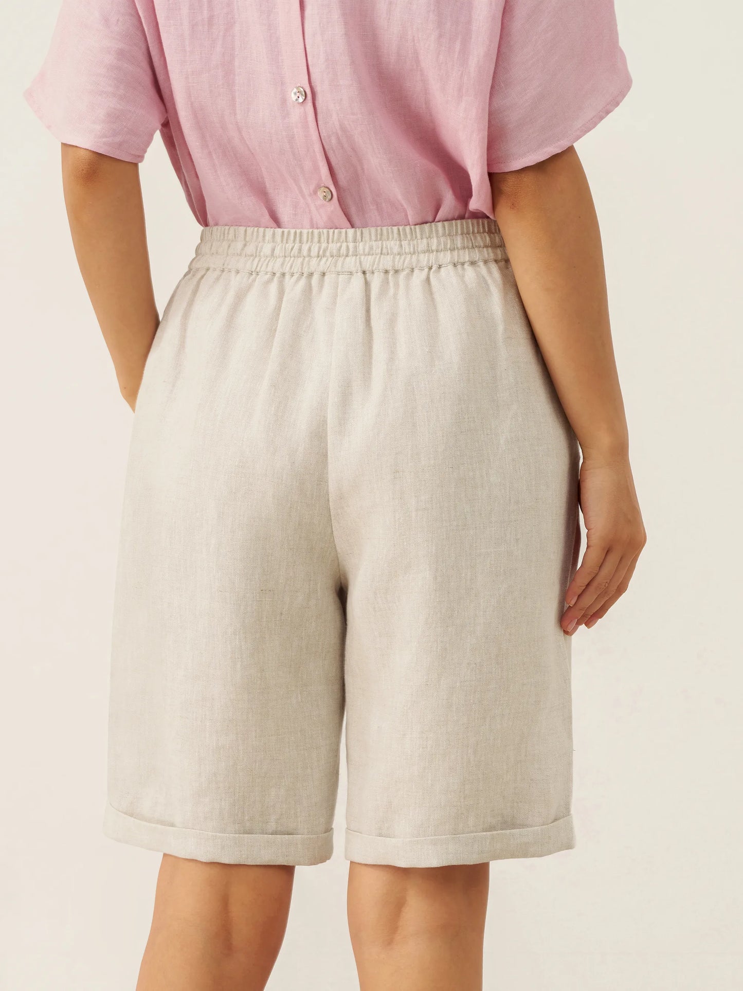 100% Linen Elastic Drawstring Waist Capri Pants XIMENA