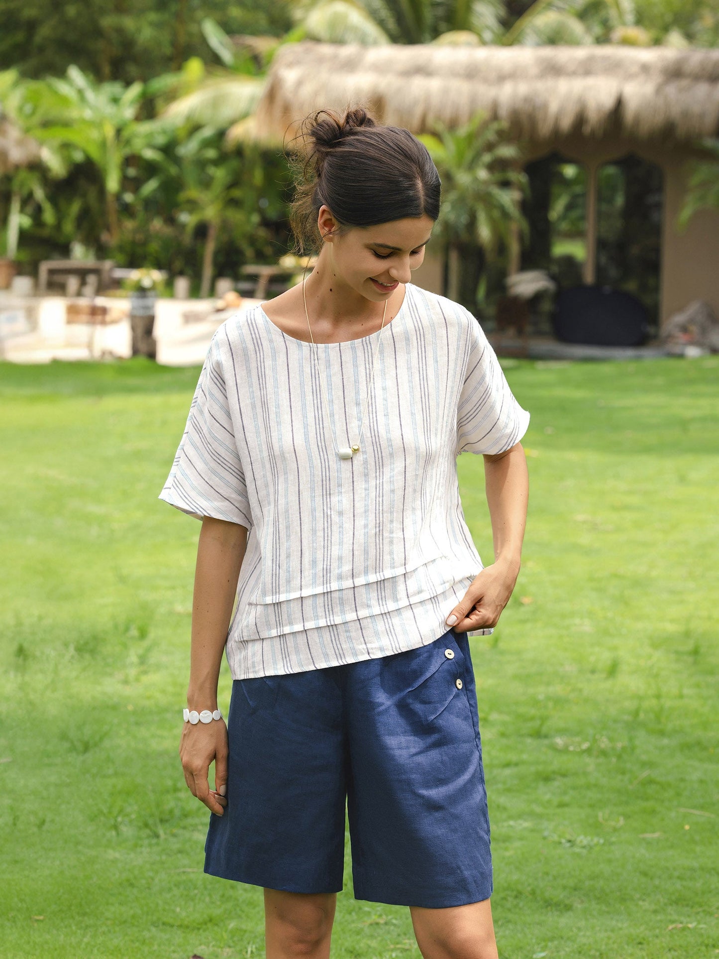 100% Linen Elastic Waistband Capri Pants ANNA