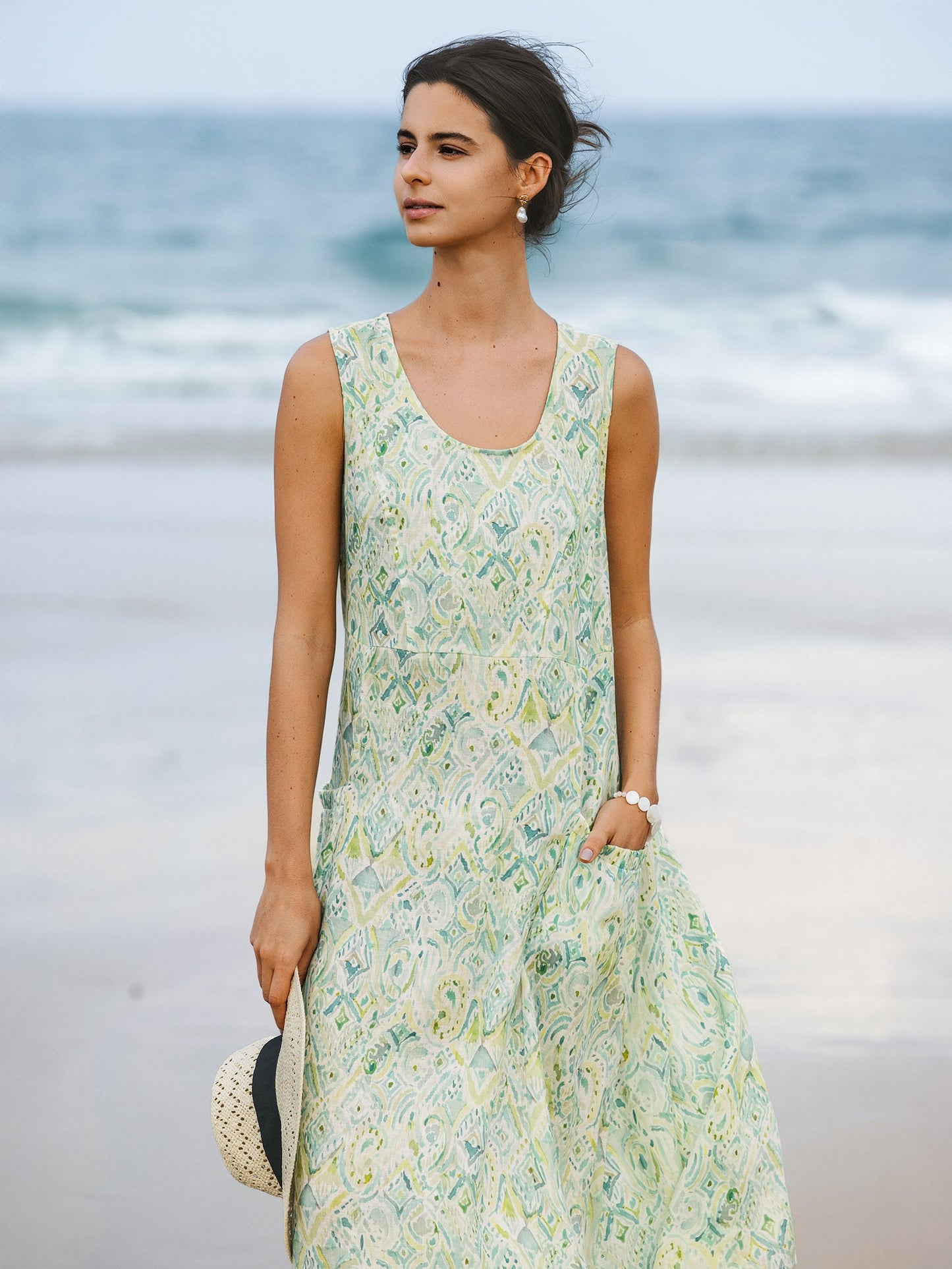 100% Linen Floral Swing Beach Tank Dress LORRAINE