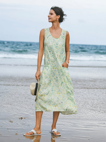100% Linen Floral Swing Beach Tank Dress LORRAINE