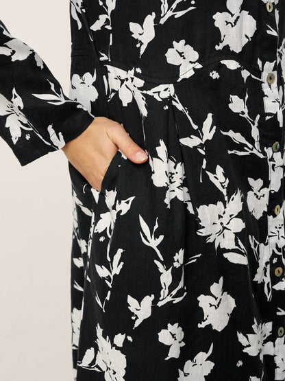 100% Linen Floral Printed Gathered Midi Dress ELODIE