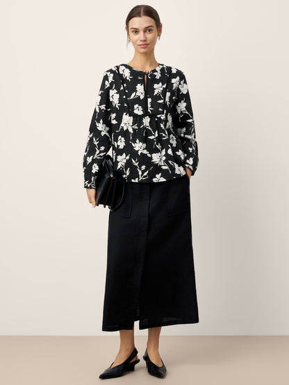 100% Linen Floral Printed Gathered Pullover Top AMIYA