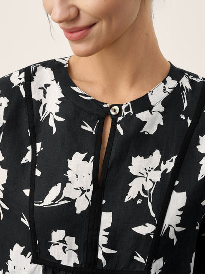 100% Linen Floral Printed Gathered Pullover Top AMIYA