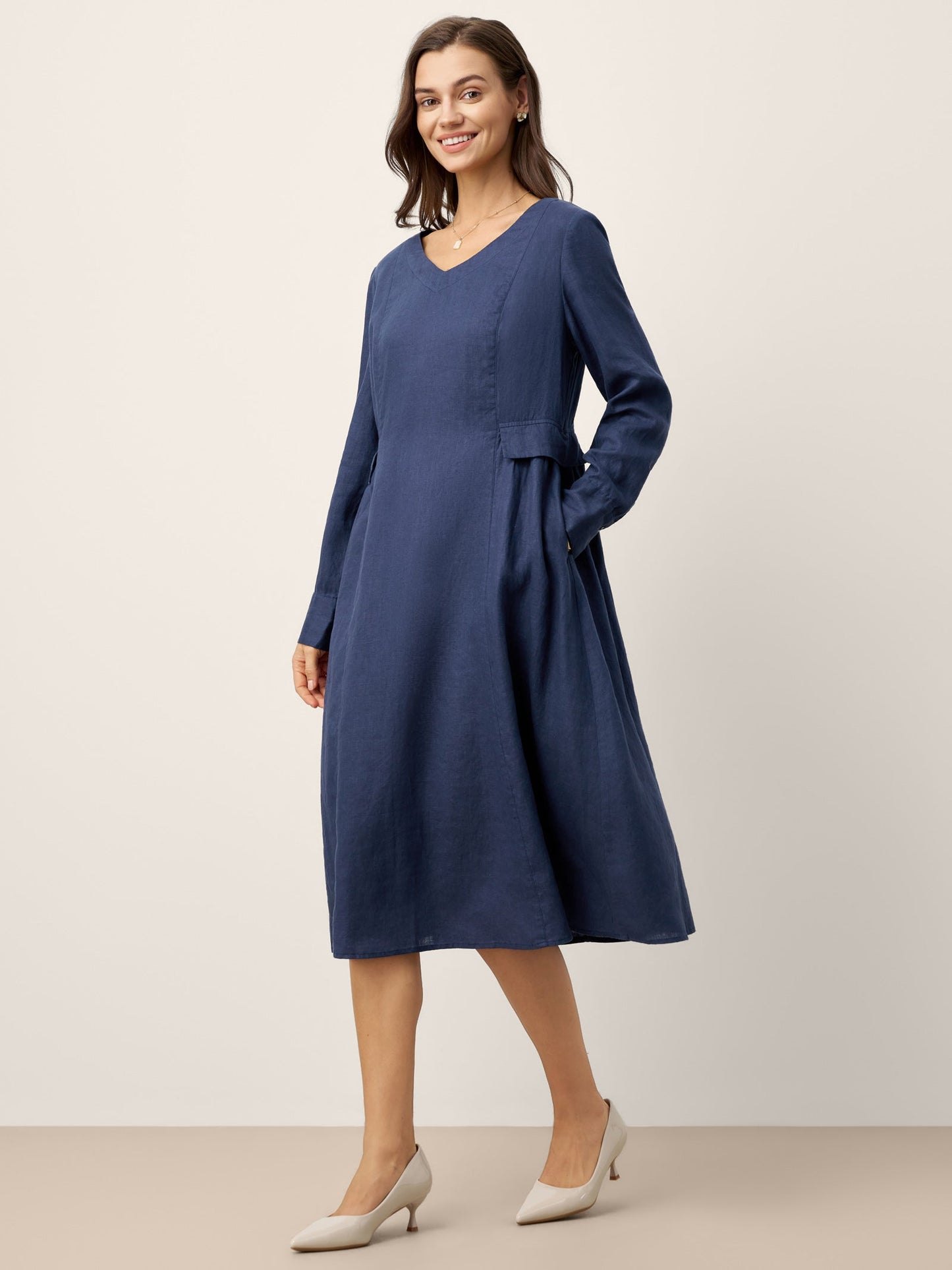 100% Linen Gathered Waist Flap Detail Midi Dress DIANA
