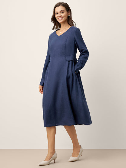 100% Linen Gathered Waist Flap Detail Midi Dress DIANA