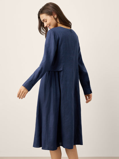 100% Linen Gathered Waist Flap Detail Midi Dress DIANA