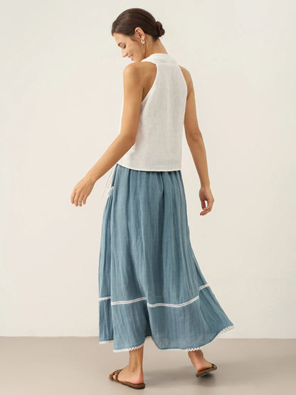 100% Linen Halter Neck Tie-Front Crop Top FAYE