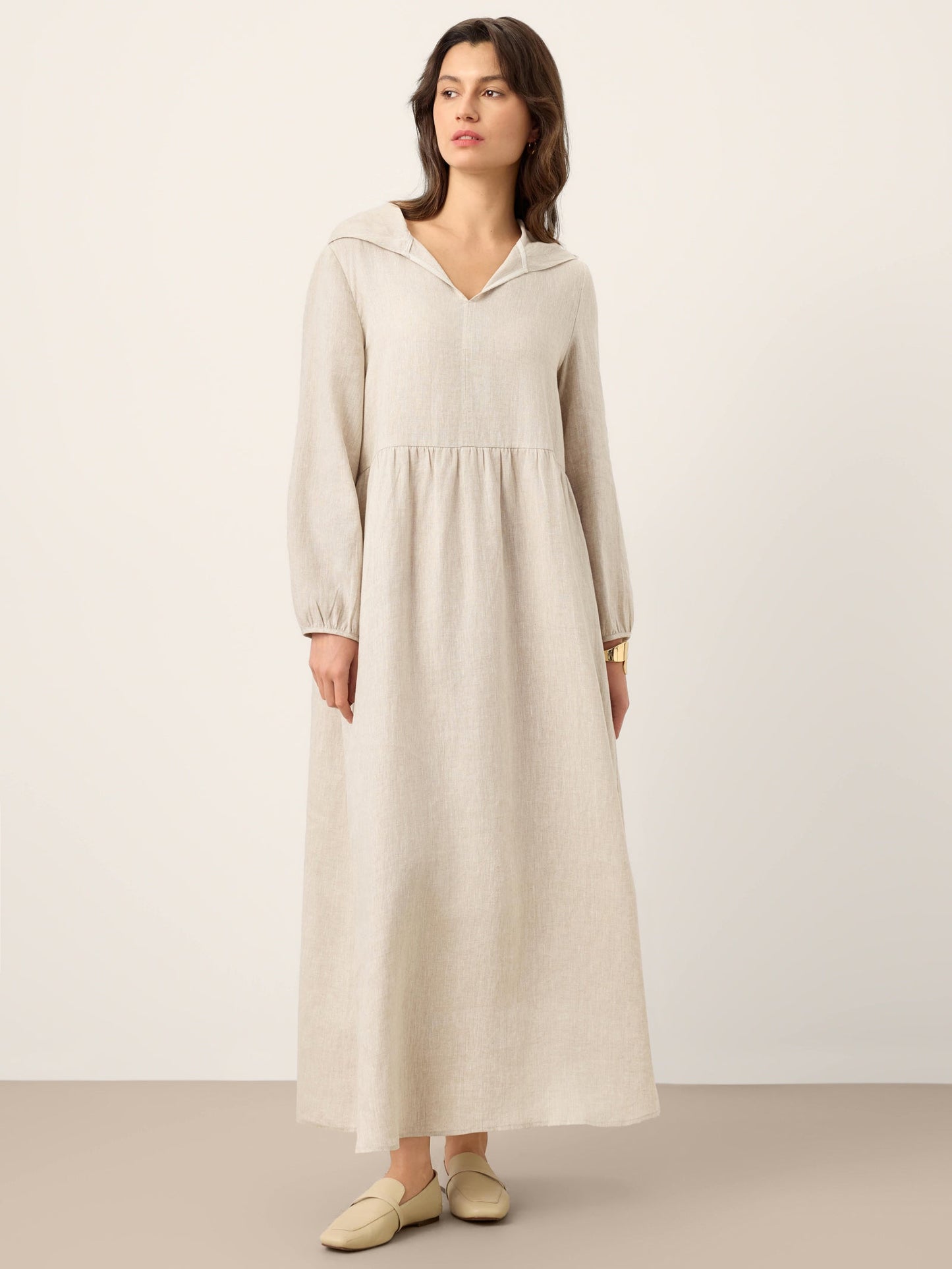 100% Linen Sculpted-Hood Caftan Midi Dress LINETTE
