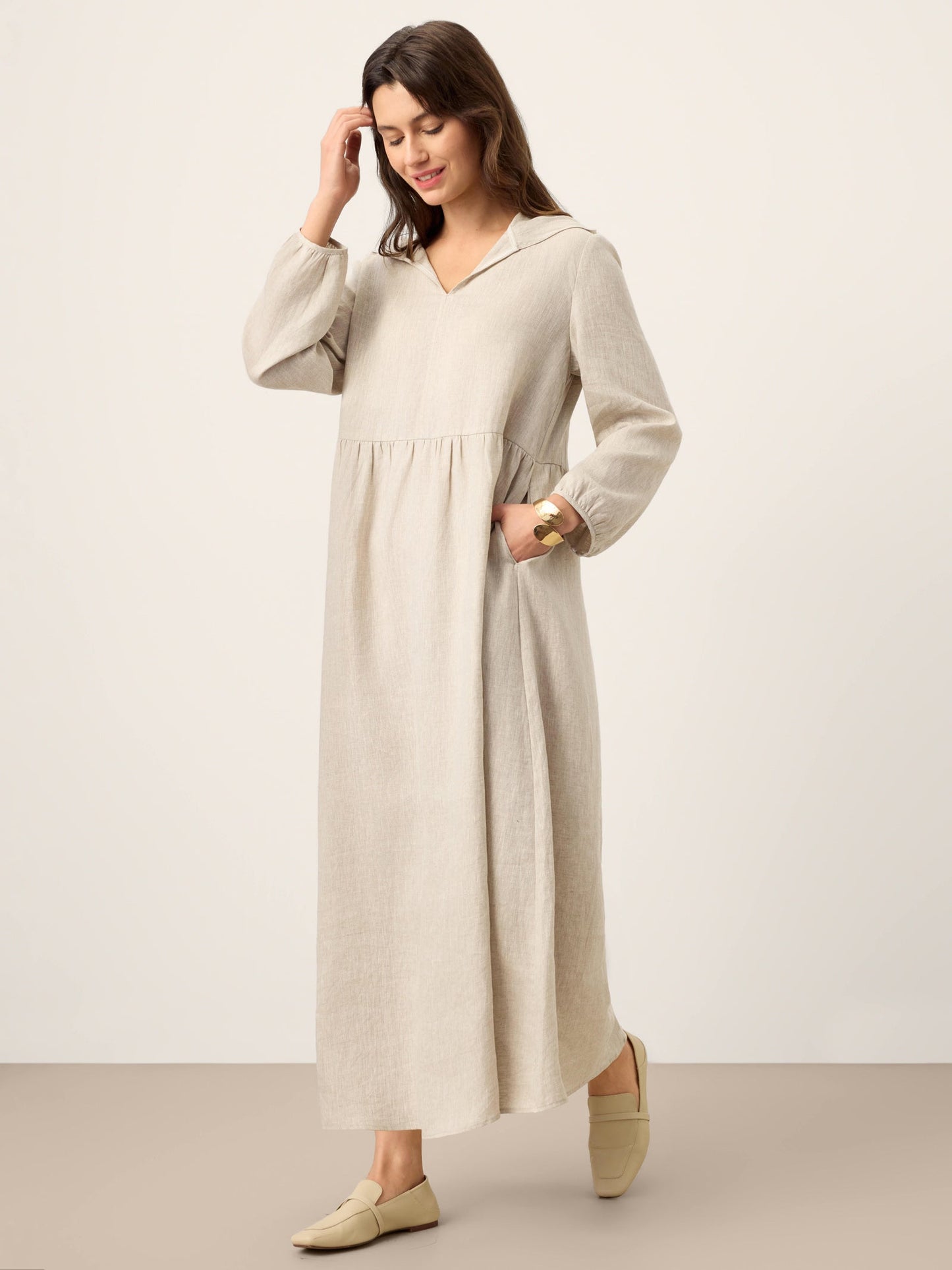 100% Linen Sculpted-Hood Caftan Midi Dress LINETTE