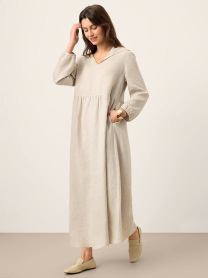 100% Linen Sculpted-Hood Caftan Midi Dress LINETTE