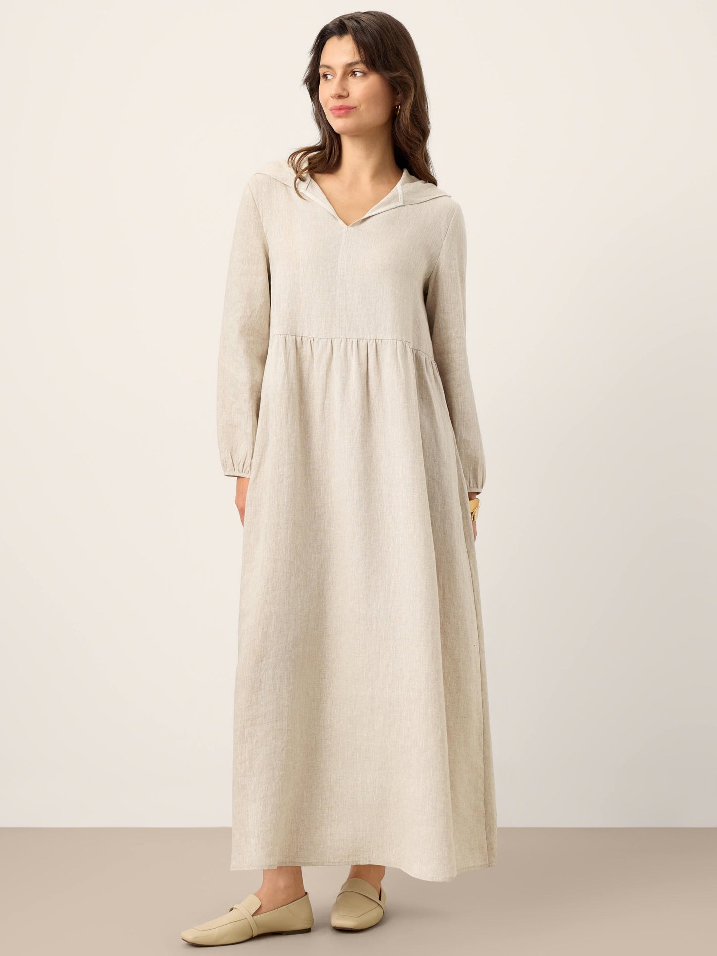 100% Linen Sculpted-Hood Caftan Midi Dress LINETTE