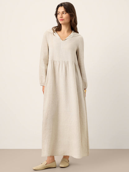 100% Linen Sculpted-Hood Caftan Midi Dress LINETTE