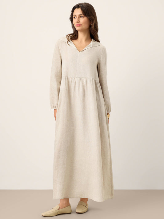 100% Linen Sculpted-Hood Caftan Midi Dress LINETTE