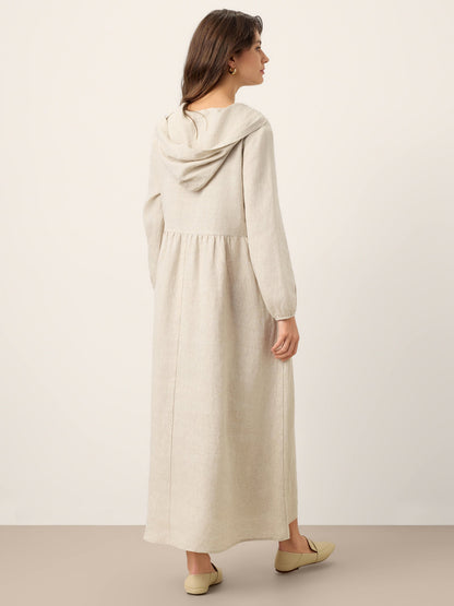 100% Linen Sculpted-Hood Caftan Midi Dress LINETTE