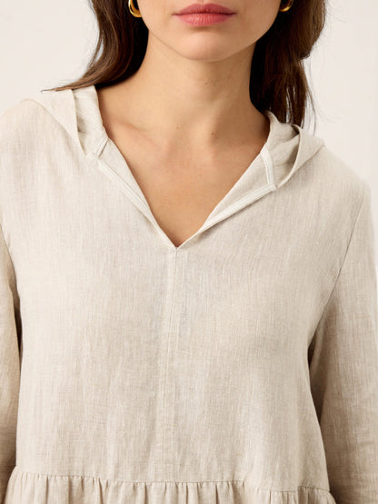 100% Linen Sculpted-Hood Caftan Midi Dress LINETTE