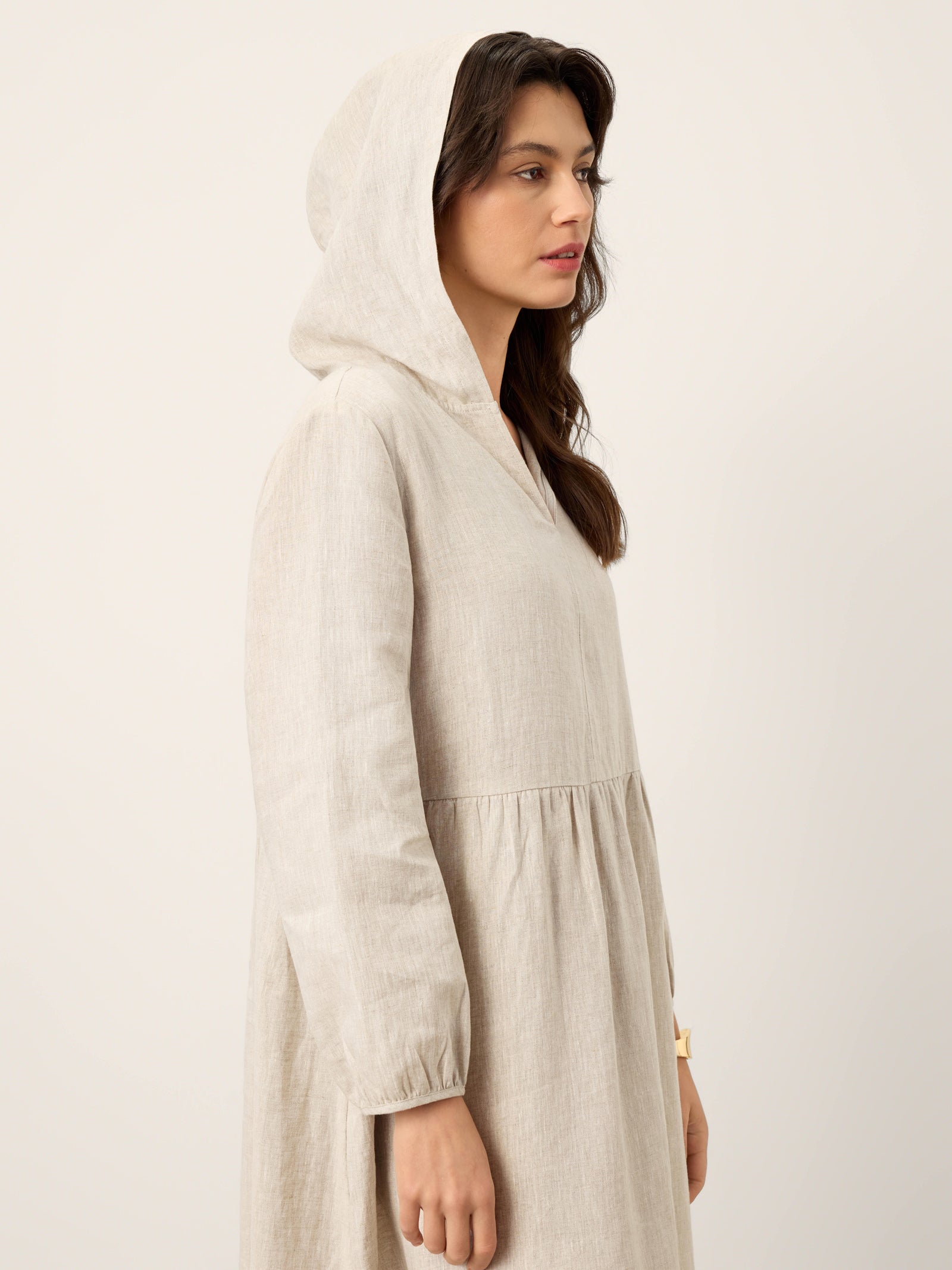 100% Linen Sculpted-Hood Caftan Midi Dress LINETTE