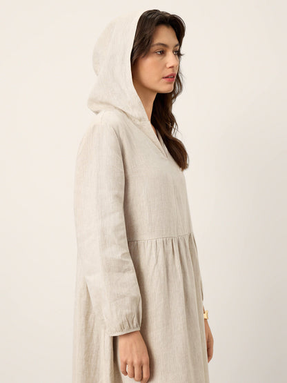 100% Linen Sculpted-Hood Caftan Midi Dress LINETTE