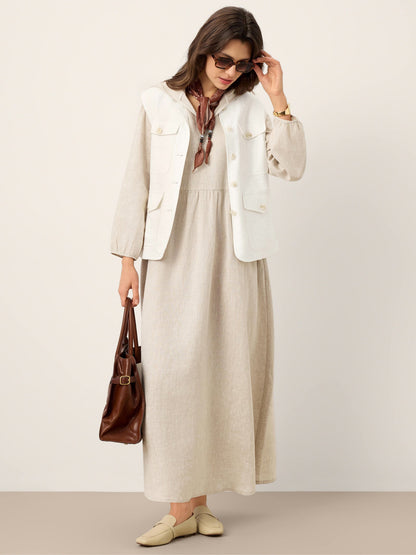100% Linen Sculpted-Hood Caftan Midi Dress LINETTE