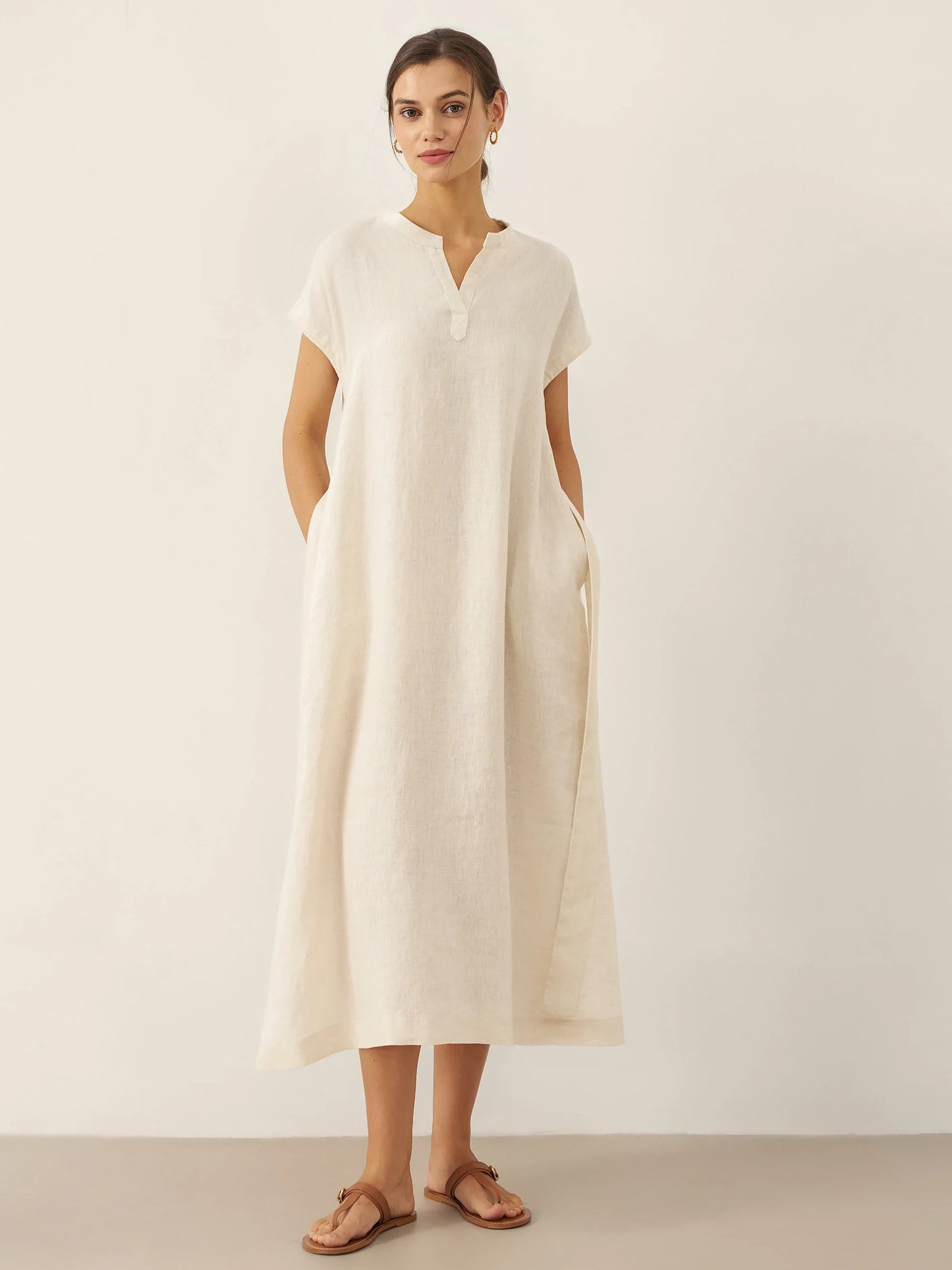 100% Linen Mandarin Collar Midi Dress with Detachable Belt MARGARET