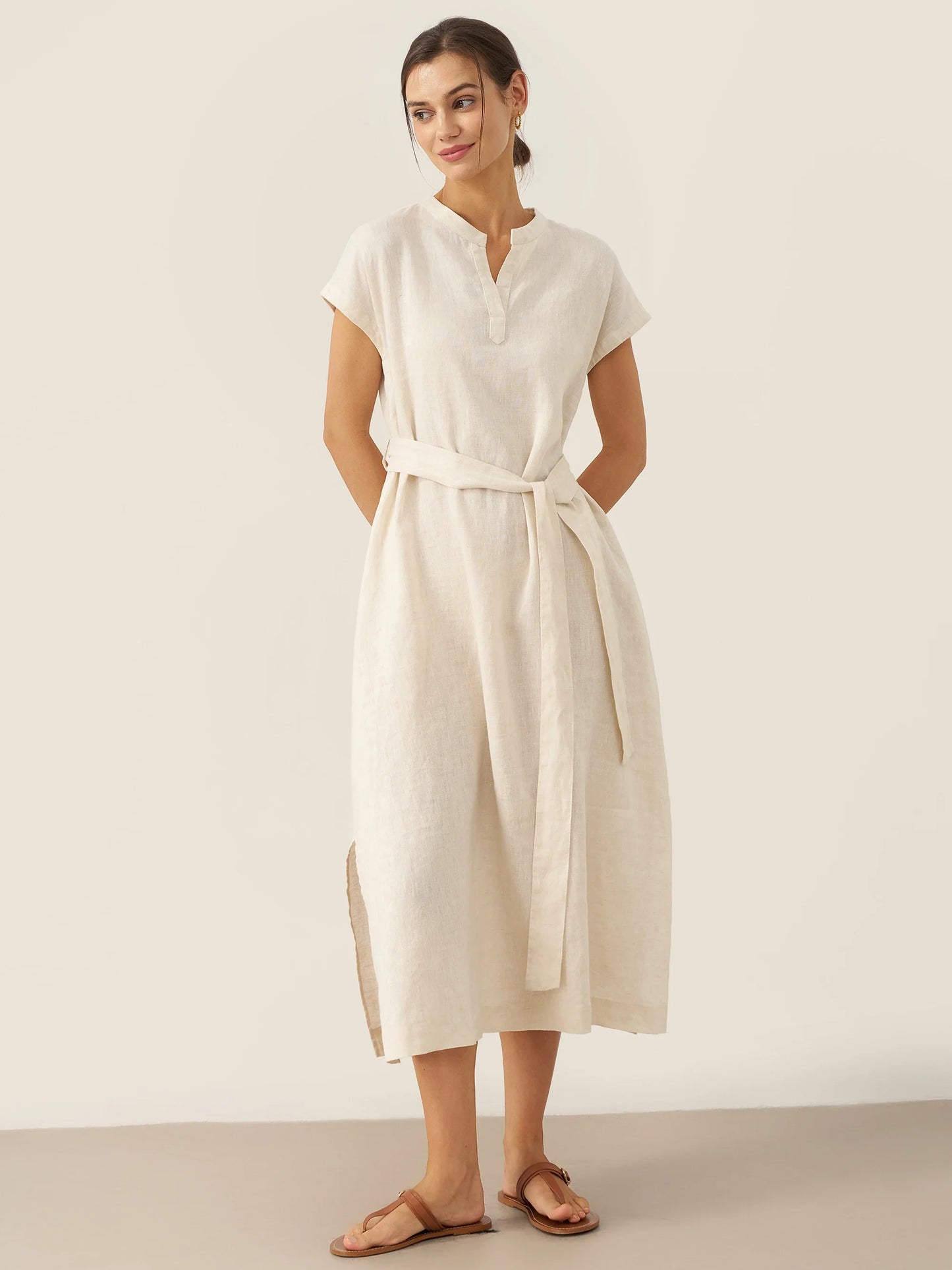 100% Linen Mandarin Collar Midi Dress with Detachable Belt MARGARET