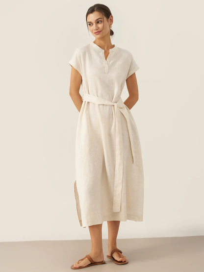 100% Linen Mandarin Collar Midi Dress with Detachable Belt MARGARET