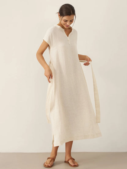 100% Linen Mandarin Collar Midi Dress with Detachable Belt MARGARET
