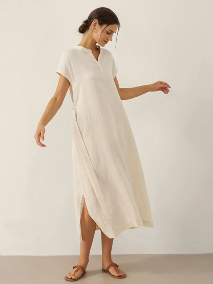 100% Linen Mandarin Collar Midi Dress with Detachable Belt MARGARET