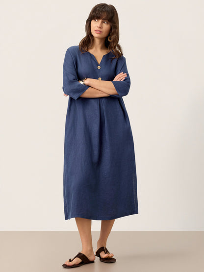 100% Linen Notch Neck Inverted Pleat Midi Dress MATILDE
