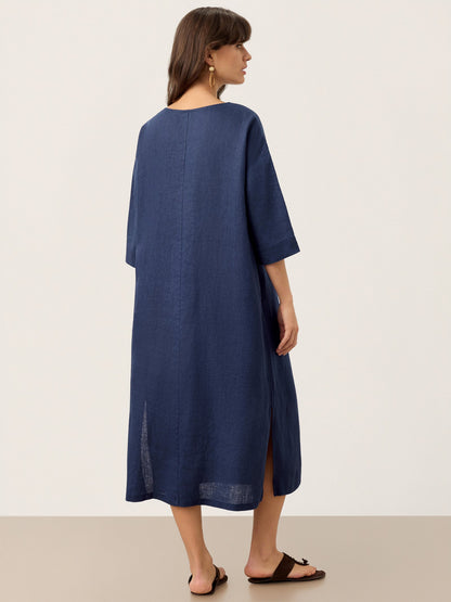 100% Linen Notch Neck Inverted Pleat Midi Dress MATILDE