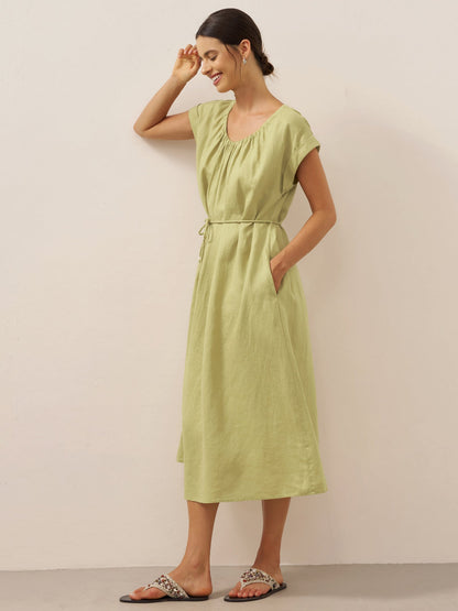 100% Linen Pleated Crew Neck Midi Dress with Detachable Tie Straps MIRA