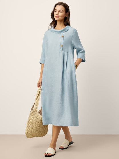 100% Linen Rolled Collar Asymmetric Button Midi Dress ELARAINE
