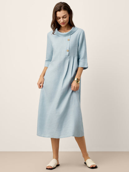 100% Linen Rolled Collar Asymmetric Button Midi Dress ELARAINE