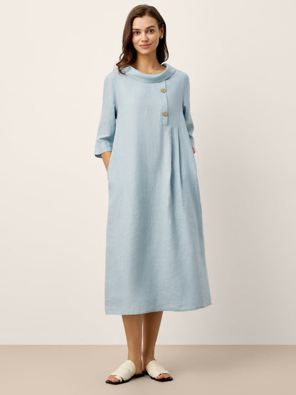 100% Linen Rolled Collar Asymmetric Button Midi Dress ELARAINE