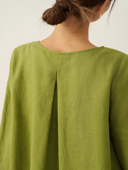 100% Linen Round Neck Asymmetrical Hem Top BRIANNA