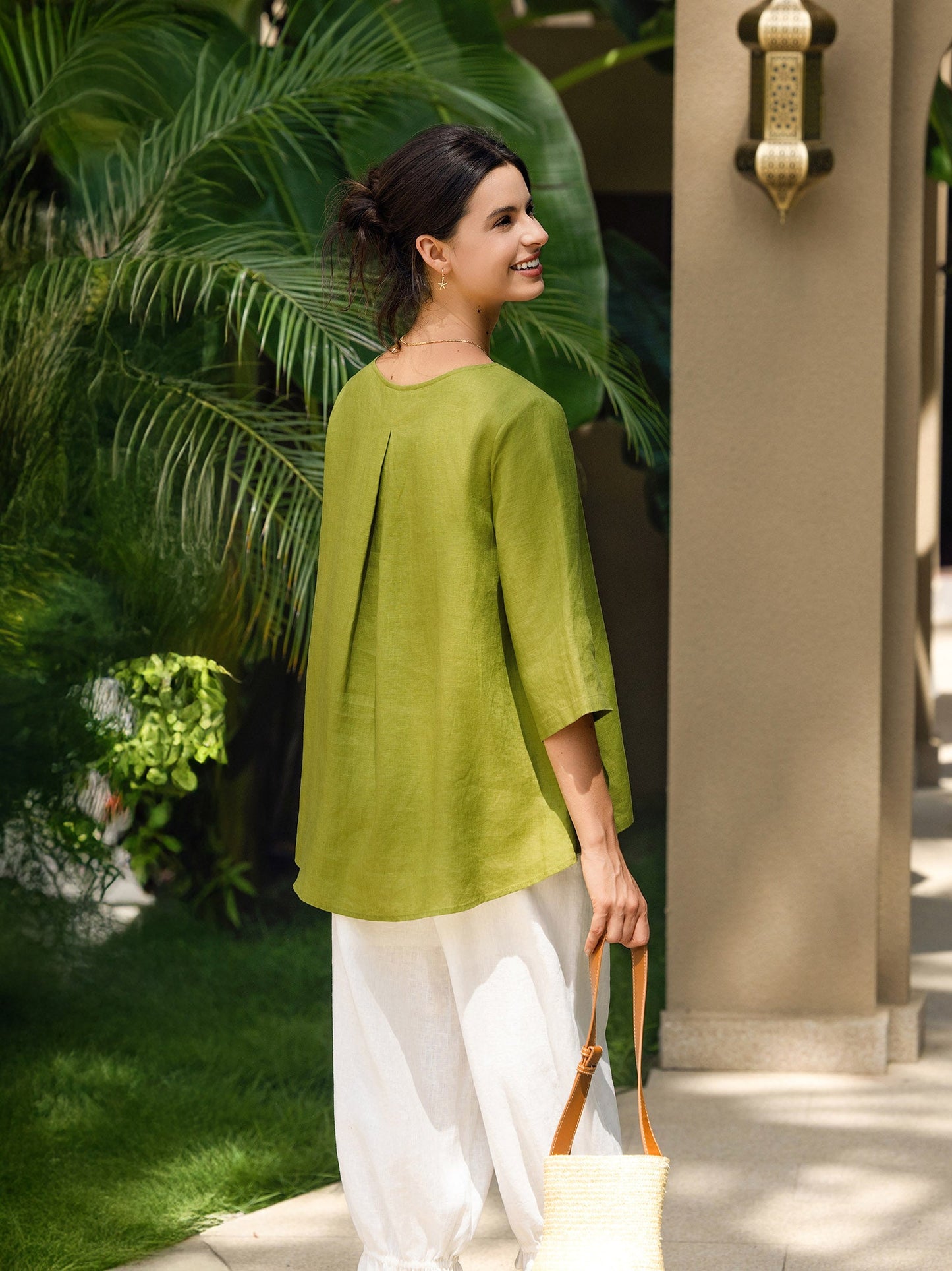 100% Linen Round Neck Asymmetrical Hem Top BRIANNA