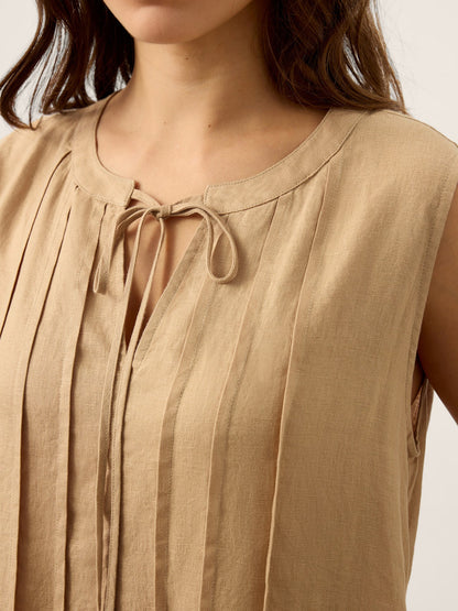 100% Linen Sleeveless Tie-Neck Pintucked Midi Dress MILLICENT