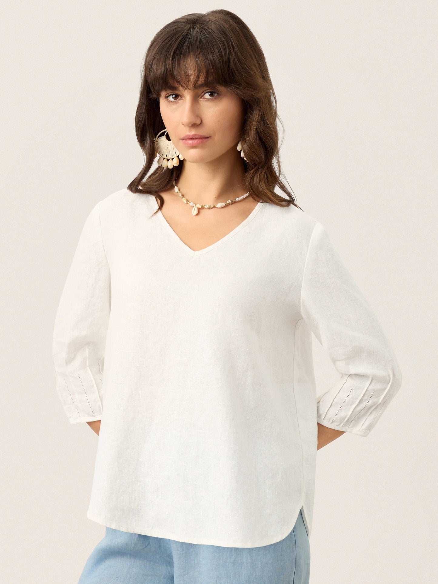 100% Linen Scoop Neck Slit Back Pullover Top FELICIA
