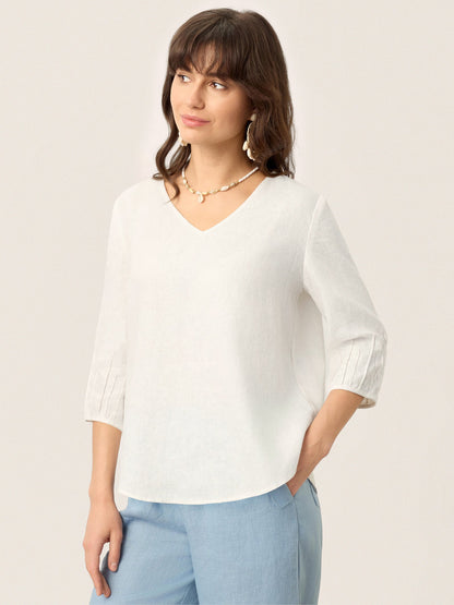 100% Linen Scoop Neck Slit Back Pullover Top FELICIA