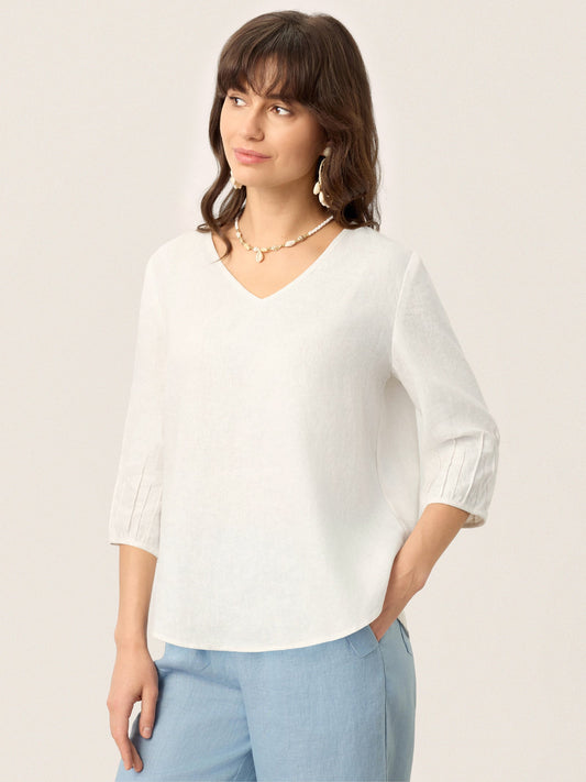 100% Linen Scoop Neck Slit Back Pullover Top FELICIA
