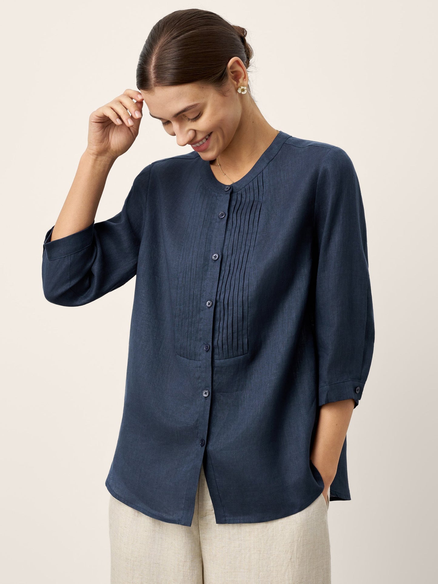 100% Linen Sculpted Accordion Pleat Crew Neck Shirt RANA