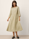 100% Linen Shirred Waistline Patch Pocket Midi Dress MARCELLA