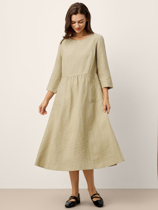 100% Linen Shirred Waistline Patch Pocket Midi Dress MARCELLA