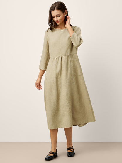 100% Linen Shirred Waistline Patch Pocket Midi Dress MARCELLA