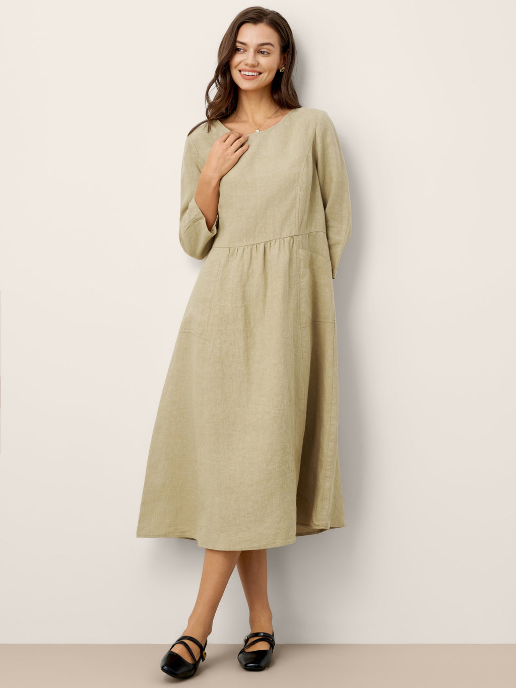 100% Linen Shirred Waistline Patch Pocket Midi Dress MARCELLA